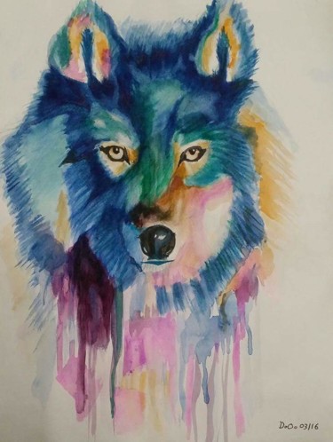 Peinture intitulée "Loup bleu" par Dominique Obry, Œuvre d'art originale, Aquarelle