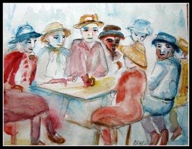Peinture intitulée "repas campagnard" par Dominique Petit, Œuvre d'art originale, Aquarelle