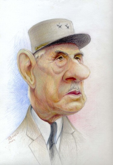 Drawing titled "Charles de Gaulle" by Dominique Romeo, Original Artwork, Pencil