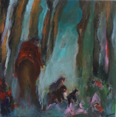 Painting titled "Chasse en forêt" by Dominique Villain, Original Artwork, Acrylic Mounted on Wood Stretcher frame