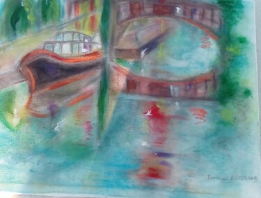Картина под названием "Port sur le canal d…" - Dominique Bertrand, Подлинное произведение искусства, Акрил Установлен на Дер…
