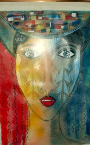 Painting titled "Femme au chapeau bl…" by Dominique Bertrand, Original Artwork, Pastel Mounted on Other rigid panel