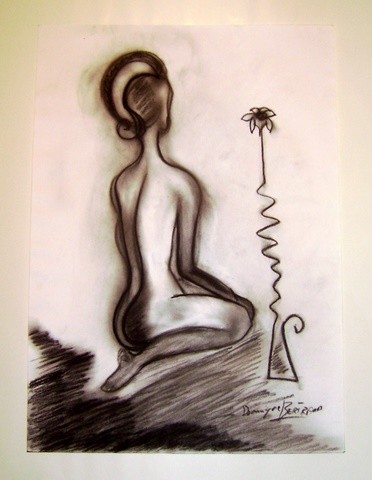 Картина под названием "Femme et fleur" - Dominique Bertrand, Подлинное произведение искусства, Древесный уголь Установлен на…