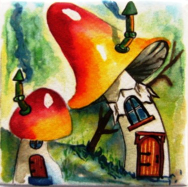 Peinture intitulée "maisons champignon" par Dominique Missler, Œuvre d'art originale, Aquarelle Monté sur Châssis en bois