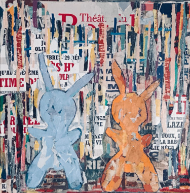 「2 Rabbits in the Ci…」というタイトルのコラージュ Dominique Kerkhove (DomKcollage)によって, オリジナルのアートワーク, コラージュ