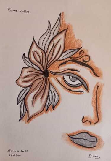 Drawing titled "Femme fleur" by Domy Martinaud, Original Artwork, Charcoal