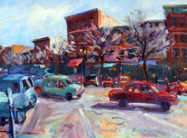 Painting titled "Main Street Traffic" by Don Bourret, Original Artwork, Oil