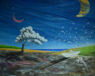Картина под названием ""La grande luna sta…" - Donato Larotonda, Подлинное произведение искусства, Акрил Установлен на Дерев…