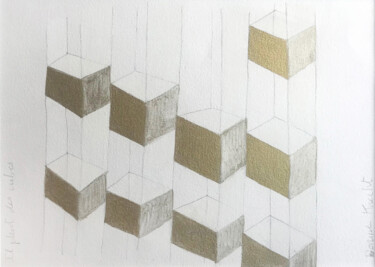 「Il pleut des cubes」というタイトルの描画 Dorine Knechtによって, オリジナルのアートワーク, オイル 段ボールにマウント