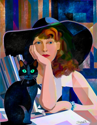 Digital Arts titled "Linda and black cat" by Doron B, Original Artwork, Digital Painting