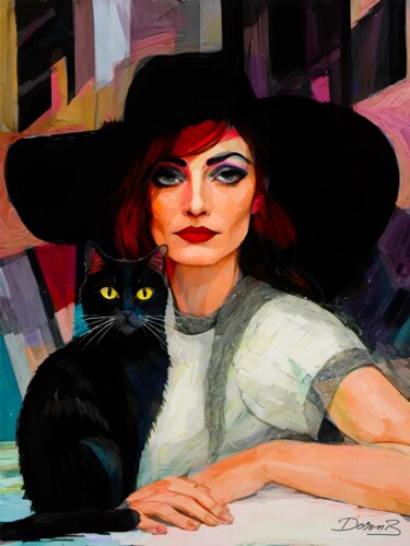 Digital Arts titled "Lady and black cat" by Doron B, Original Artwork, Digital Painting