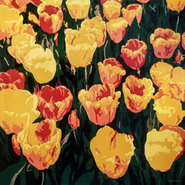Painting titled "YELLOW TULIPS FIELD" by Dritan Pasmaçiu, Original Artwork, Oil Mounted on Wood Stretcher frame