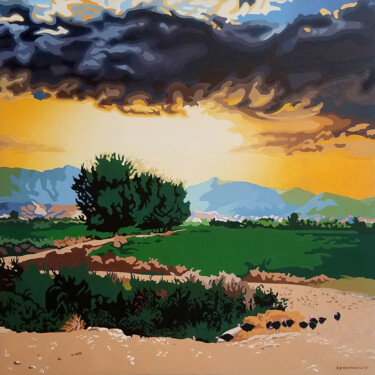 Painting titled "SUNSET VILLAGE LAND…" by Dritan Pasmaçiu, Original Artwork, Oil Mounted on Wood Stretcher frame