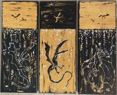 Pintura intitulada "Dragons d'or" por Marie-Line Dromard, Obras de arte originais, Acrílico