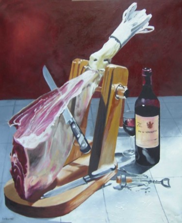 Картина под названием "Jamon, vino y amigos" - Mario José Dröszler, Подлинное произведение искусства, Масло