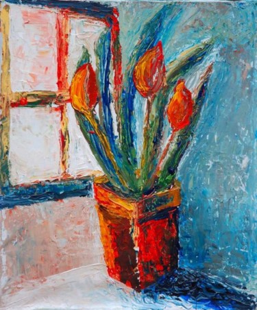 Malerei mit dem Titel "TULIPES" von Monique Ducarton, Original-Kunstwerk, Öl Auf Keilrahmen aus Holz montiert