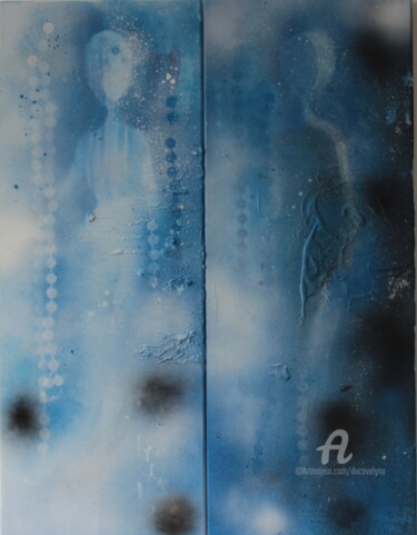 Schilderij getiteld "Diptyque bleu" door Duc Evelyna, Origineel Kunstwerk, Acryl Gemonteerd op Frame voor houten brancard