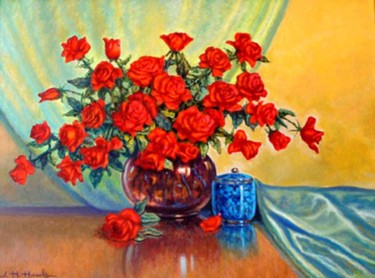 Painting titled "Red Roses and Green…" by John Hudson Hawke, Original Artwork, Acrylic