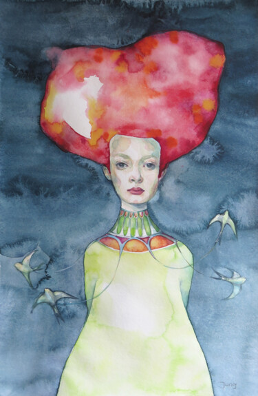 Painting titled "Bird Keeper" by Dunja Jung, Original Artwork, Watercolor