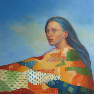 Malerei mit dem Titel "Lady with a blue ha…" von Dunja Jung, Original-Kunstwerk, Öl