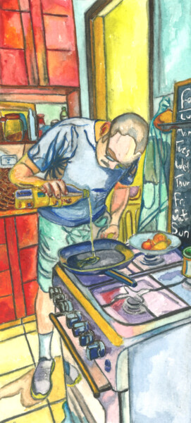 Painting titled "Preparing the pan" by Dzovig Arnelian, Original Artwork, Watercolor Mounted on Other rigid panel