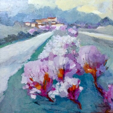 Painting titled "Le chemin des amand…" by Eliane Boivin, Original Artwork, Oil