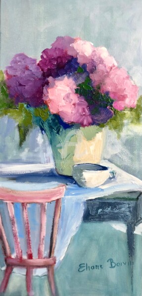 Malerei mit dem Titel "Hortensias roses" von Eliane Boivin, Original-Kunstwerk, Öl