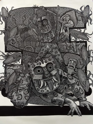 印花与版画 标题为“Mexican art. Jaguar…” 由E. Robledo, 原创艺术品, 压纹