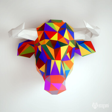 Sculpture titled "Trophée de taureau…" by Ecogami, Original Artwork, Paper