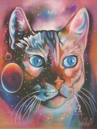 Картина под названием "Gato Lunar" - Edgar Pacheco, Подлинное произведение искусства, Пастель