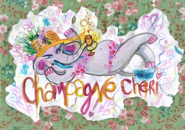 Картина под названием "Champagne Chéri" - Edie Tempier, Подлинное произведение искусства, Акварель