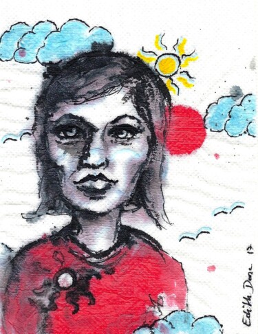 Drawing titled "Soleil rouge" by Edith Donc, Original Artwork, Ink