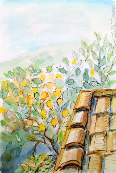 Zeichnungen mit dem Titel "Les citronniers" von Edith Donc, Original-Kunstwerk, Aquarell