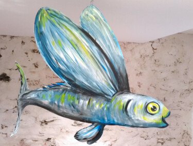 Painting titled "Poisson-volant" by Edith Donc, Original Artwork, Acrylic