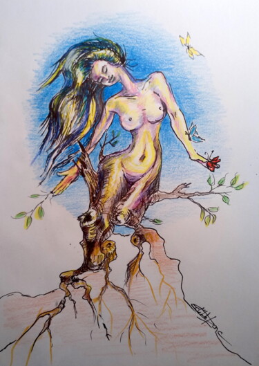 Disegno intitolato "Le printemps arrive" da Edith Donc, Opera d'arte originale, Matita