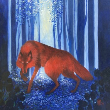 Painting titled "RED WOLF" by Edith Nurla, Original Artwork, Oil Mounted on Wood Stretcher frame