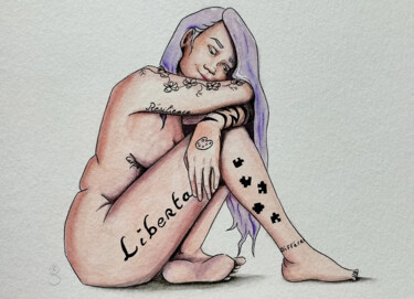 Dessin intitulée "Tatoogirl 2" par Edith Stenven, Œuvre d'art originale, Aquarelle