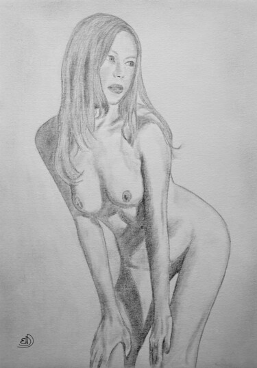 Drawing titled "Jeune femme blonde…" by Edmond Drot, Original Artwork, Charcoal