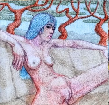 Tekening getiteld "Nude on Couch" door Edwin Loftus, Origineel Kunstwerk, Potlood Gemonteerd op Andere stijve panelen