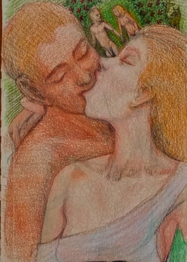 Рисунок под названием "A Kiss" - Edwin Loftus, Подлинное произведение искусства, Карандаш Установлен на Другая жесткая панель
