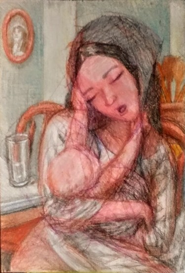 Dessin intitulée "Mother and Child 1" par Edwin Loftus, Œuvre d'art originale, Crayon Monté sur Autre panneau rigide
