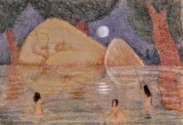 Rysunek zatytułowany „Moonlight Bathers,…” autorstwa Edwin Loftus, Oryginalna praca, Ołówek Zamontowany na Inny sztywny panel