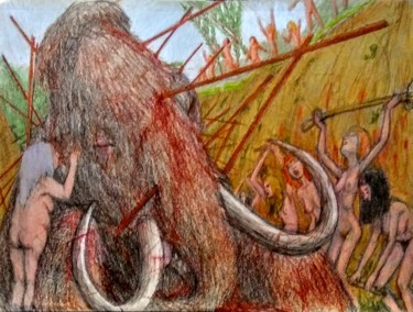 Dessin intitulée "The Mammoth Hunt" par Edwin Loftus, Œuvre d'art originale, Crayon Monté sur Autre panneau rigide