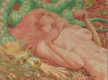 Tekening getiteld "Dragon and a Girl" door Edwin Loftus, Origineel Kunstwerk, Pastel Gemonteerd op Andere stijve panelen