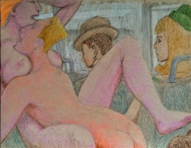 「Lovers on a City Bus」というタイトルの描画 Edwin Loftusによって, オリジナルのアートワーク, 鉛筆 その他の剛性パネルにマウント