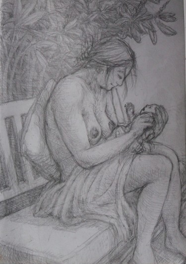 Drawing titled "Mother and Child 2" by Edwin Loftus, Original Artwork, Graphite Mounted on Other rigid panel