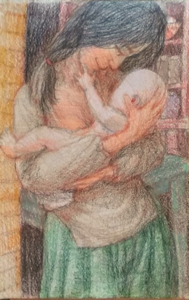 Zeichnungen mit dem Titel "Mother with Child" von Edwin Loftus, Original-Kunstwerk, Bleistift