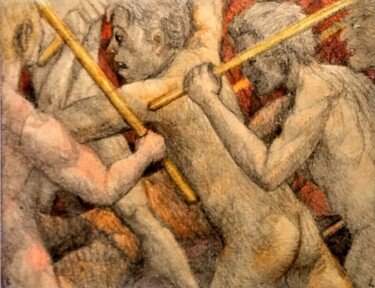 Drawing titled "Battling Men" by Edwin Loftus, Original Artwork, Pencil Mounted on Other rigid panel