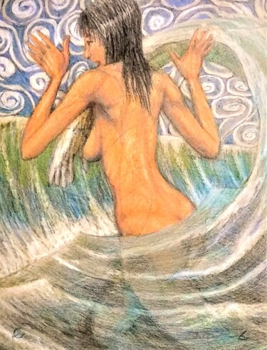 Disegno intitolato "Woman in the Waves 2" da Edwin Loftus, Opera d'arte originale, Matita Montato su Altro pannello rigido