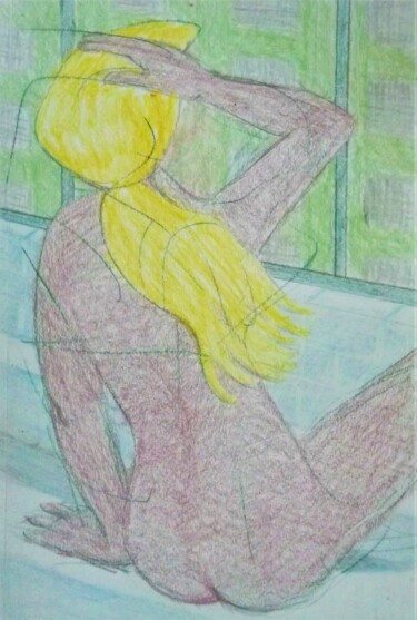Tekening getiteld "Nude in the Window" door Edwin Loftus, Origineel Kunstwerk, Potlood Gemonteerd op Andere stijve panelen